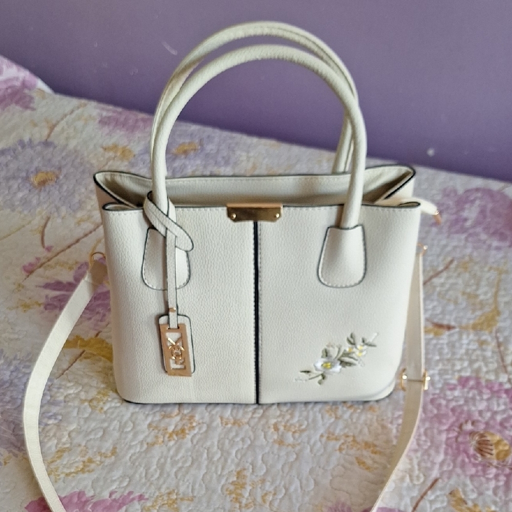 White Floral Satchel with Gold Hardware